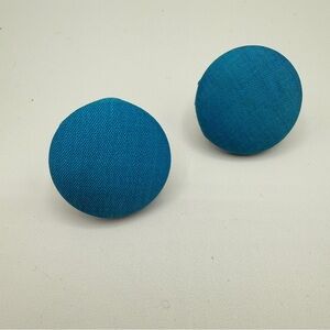 Teal Blue Fabric Button Clip On Earrings